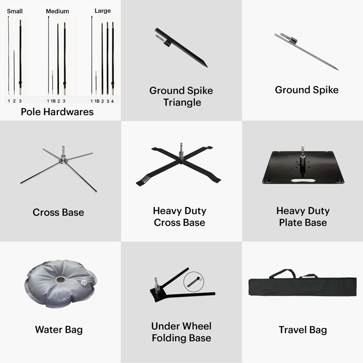 Collection of outdoor equipment components including pole hardwares, ground spikes, bases, and bags on a white background.