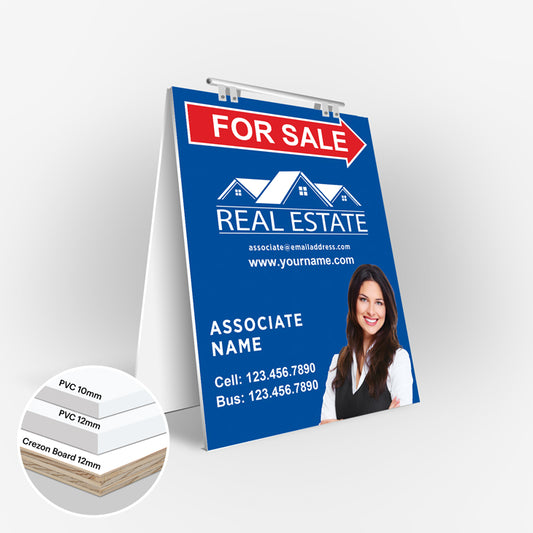 Real estate 'For Sale' sign with customizable text on a white background