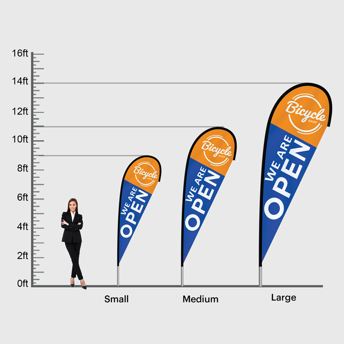 Comparison of small, medium, and large teardrop flags with a person for scale on a white background.