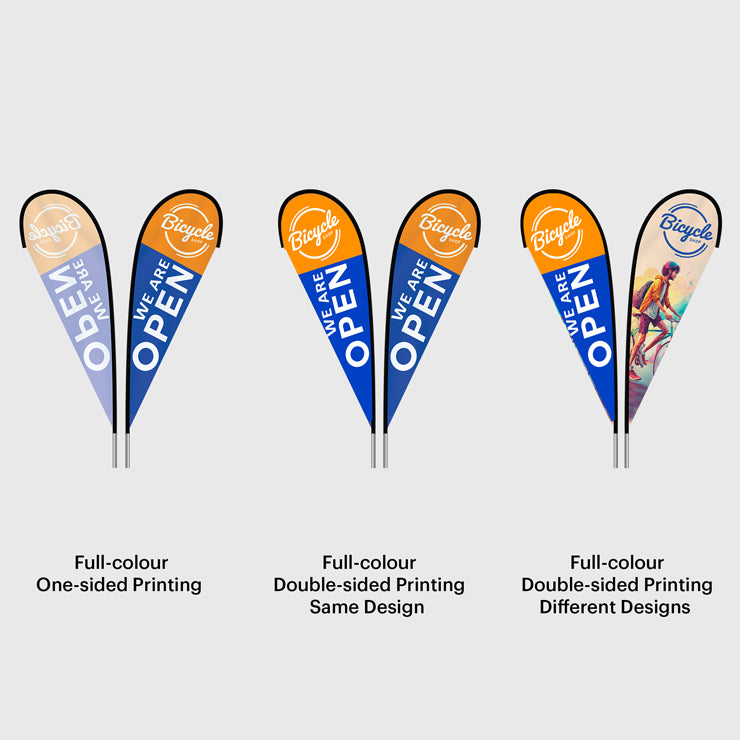 Set of promotional flags with different printing options on a white background
